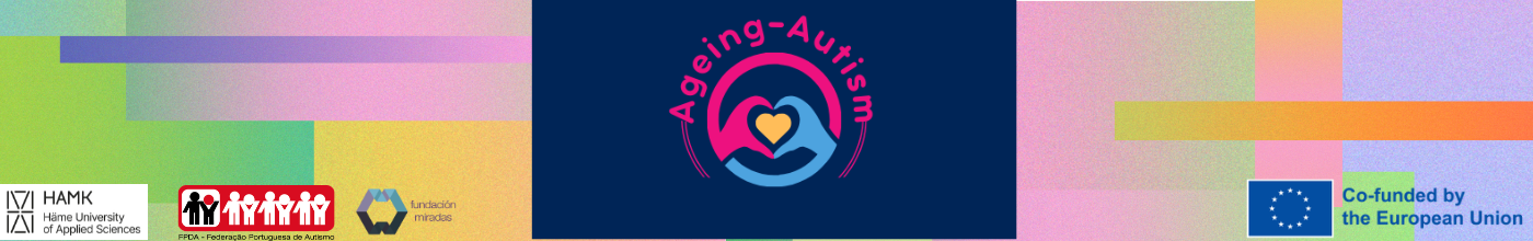 Ageing Autism hankkeen banneri, missä partnereiden logot ja se Eu logo